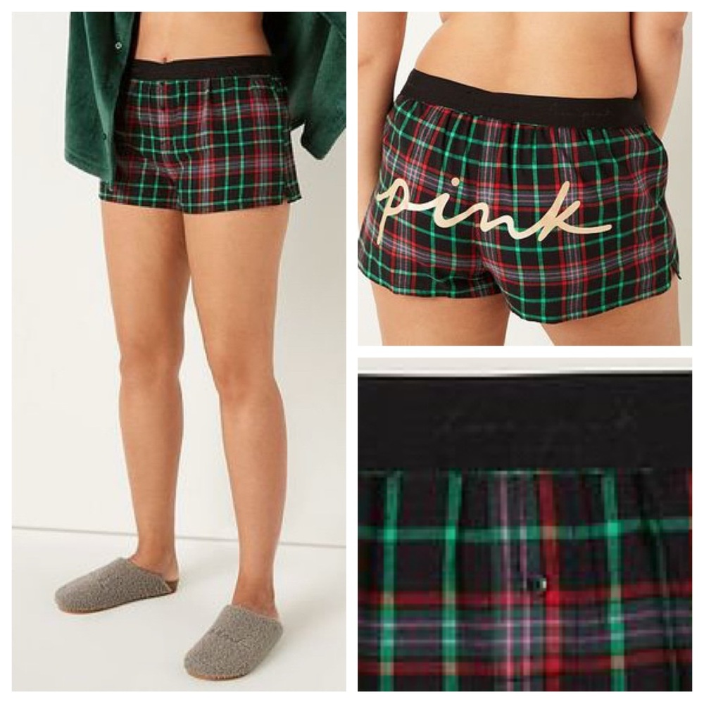Vs Victorias Secret Pink Flannel Sleep Boxy Short Shortie Pure Black Plaid XL